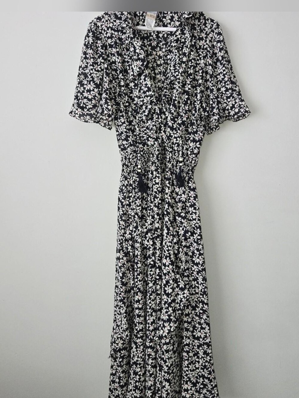 Vintage Montage by Mosaic floral maxi dress with ruffles and tassels